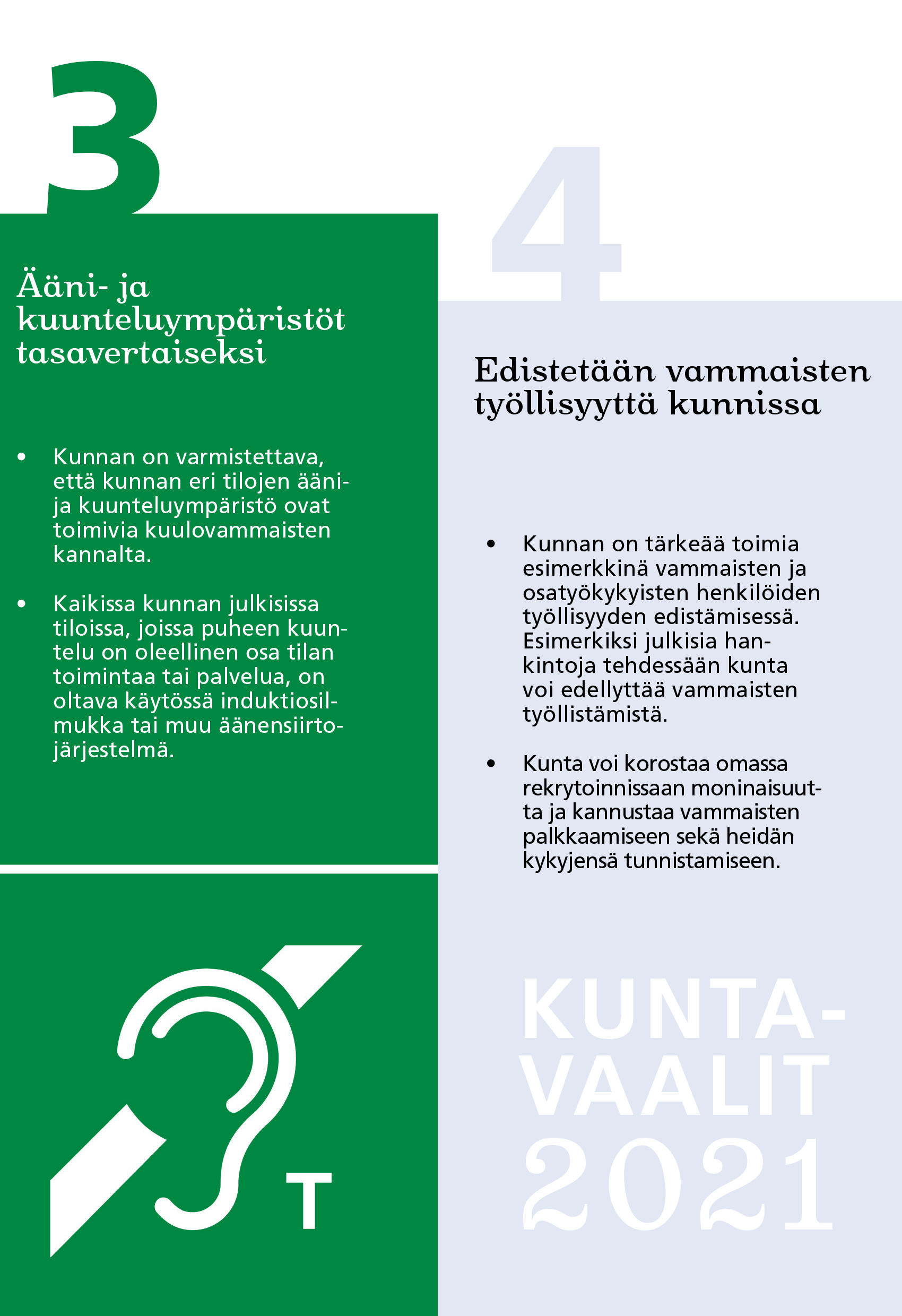 Kuntavaaliteesit: 3. Ääni- ja kuunteluympäristö tasavertaisiksi. 4. Edistetään vammaisten työllisyyttä kunnissa.