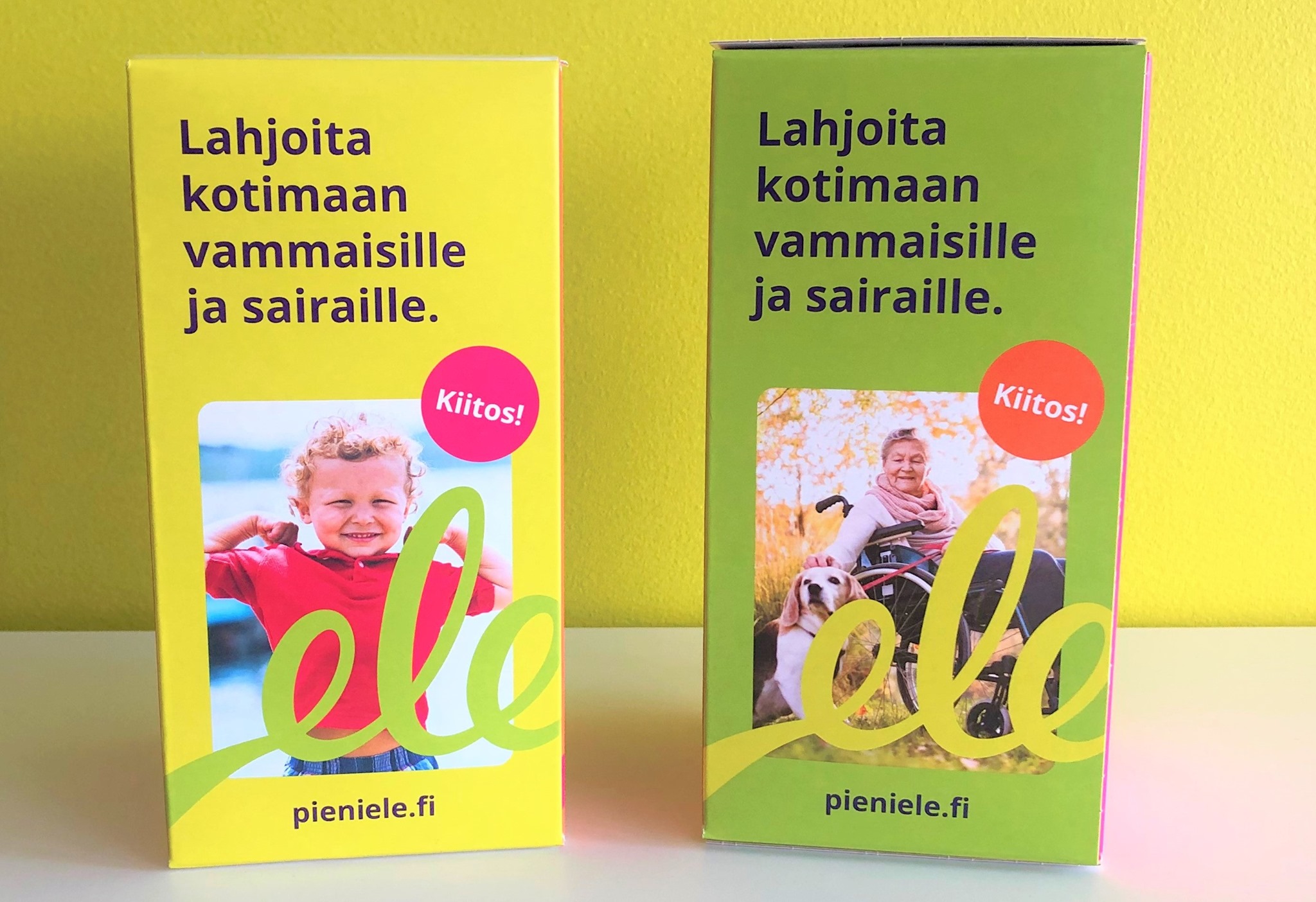 Pieni ele -keräyslippaat. Lahjoita kotimaan vammaisille ja sairaille.