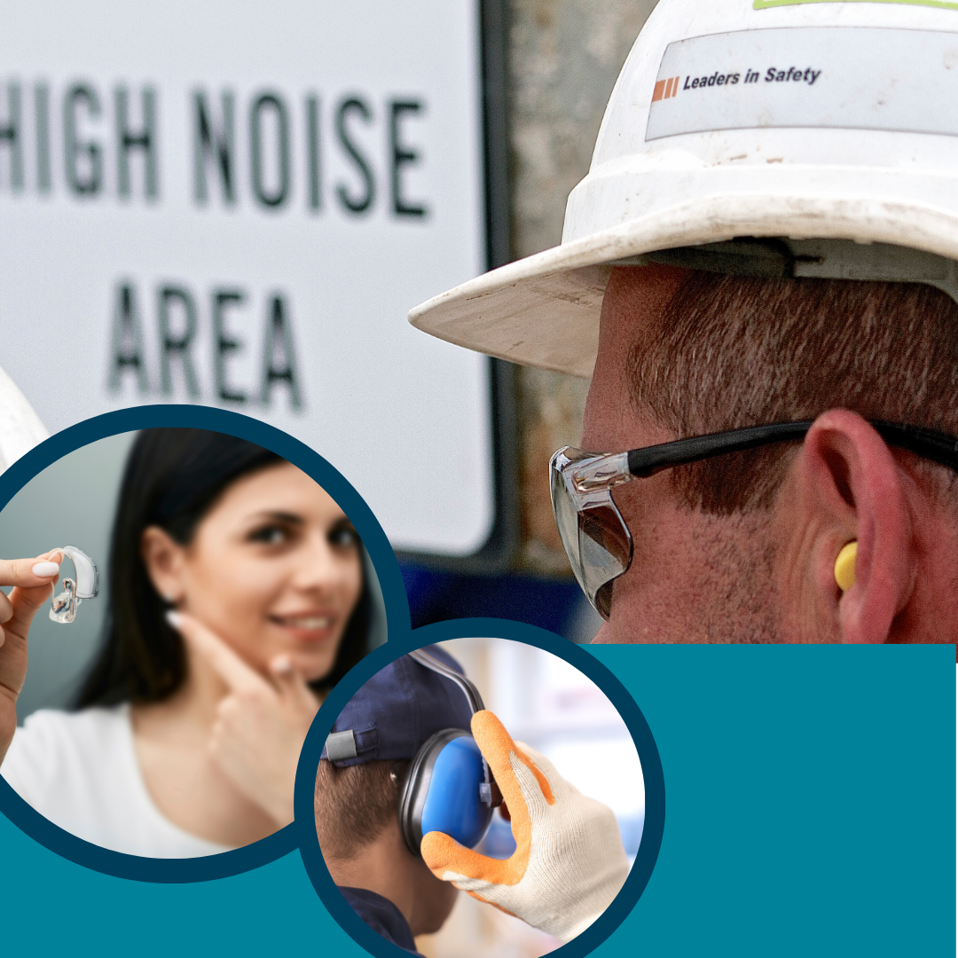 Isommassa kuvassa teksti high noise area sekä kuva miehen kypäräpäisen miehen korvasta, jossa korvatulppa. Pienessä kuvassa nainen laittaa kuulokojetta ja toisessa pienessä kuvassa mies asettaa kuulosuojaimia korville.