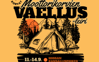 Mainos vaelluksesta. Teltta, puita, auringonlasku.
