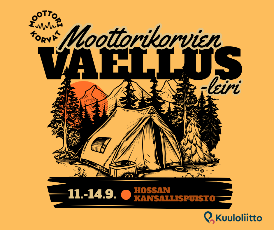 Mainos vaelluksesta. Teltta, puita, auringonlasku.
