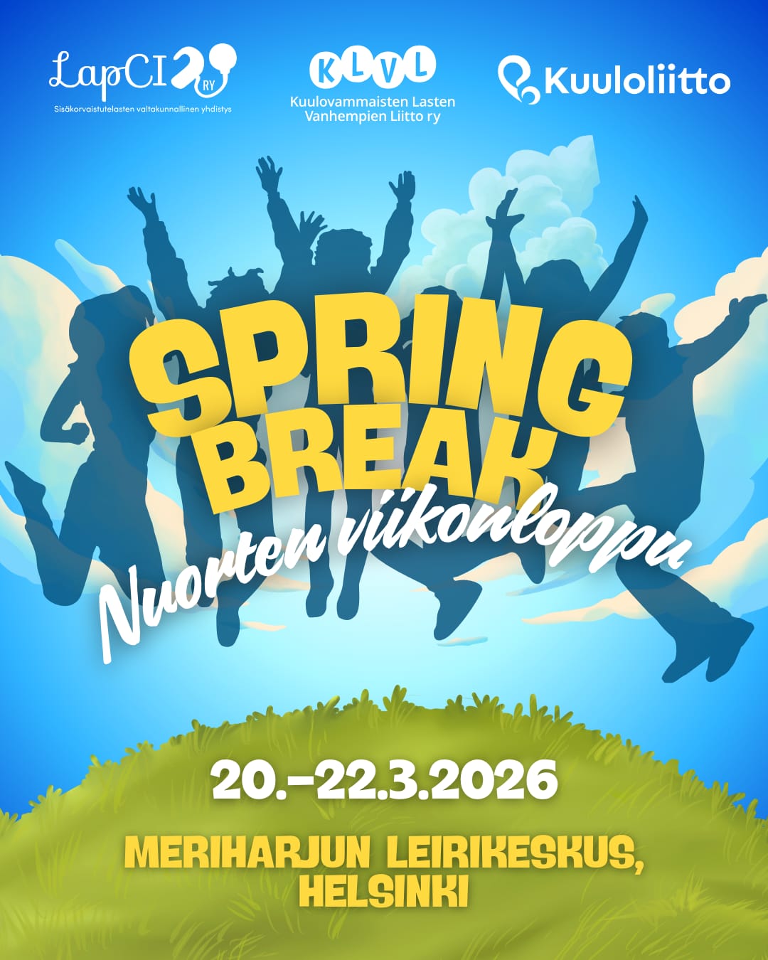 Kuvassa lukee leirin tiedot ja on piirrettyjä nuorten varjoja hyppäämässä.