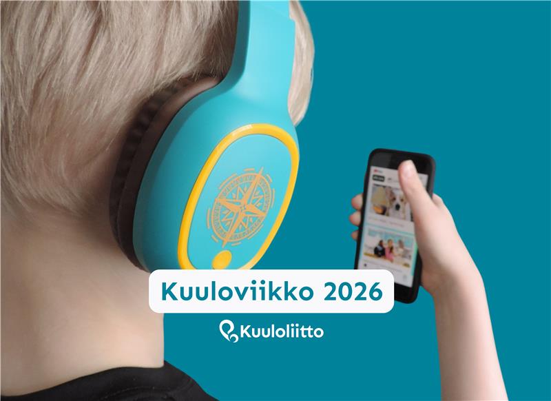 kuvassa poika katsoo puhelinta kuulokkeet korvilla. tekstinä Kuuloviikko 2026 ja Kuuloliiton logo