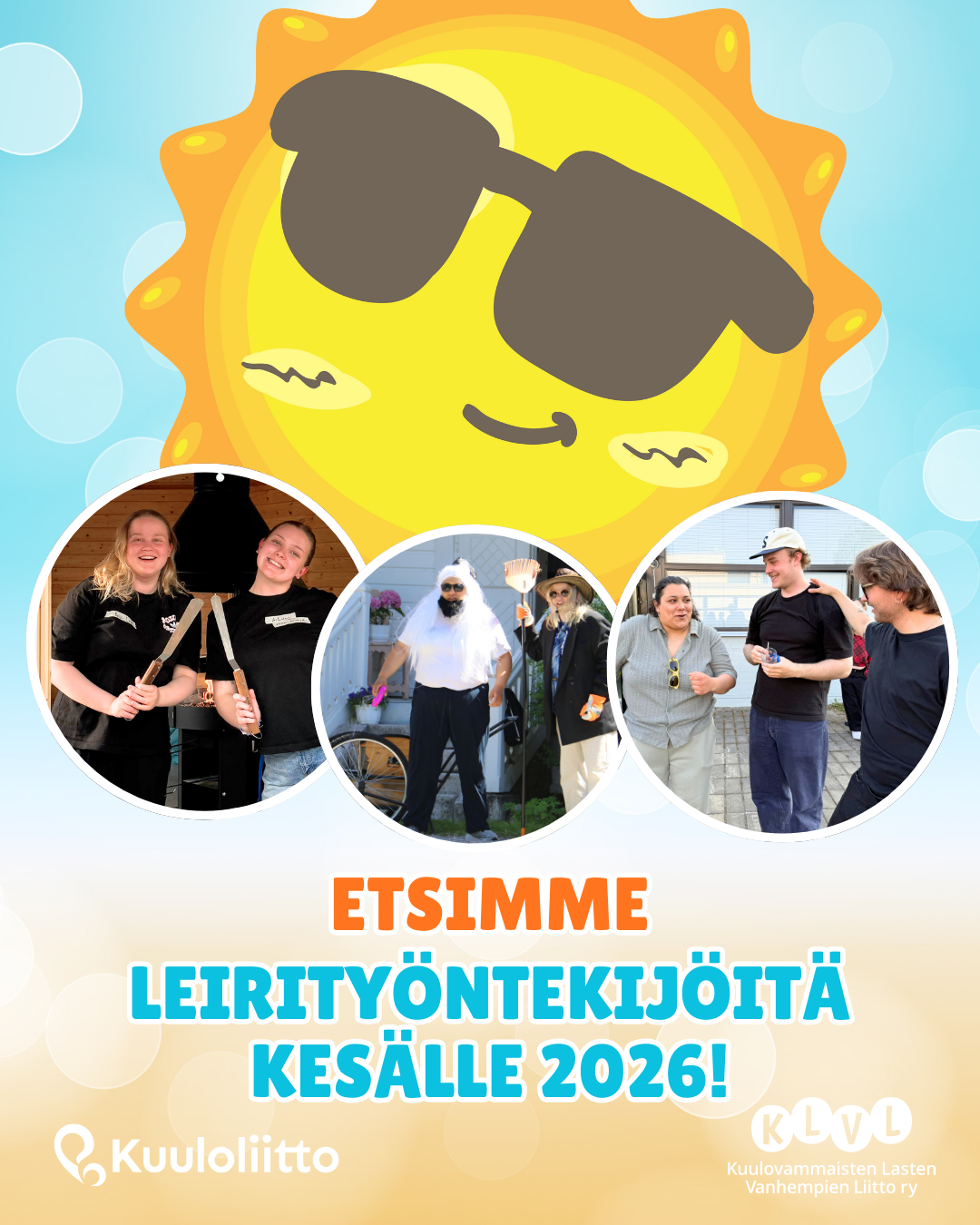 Kuvassa aurinko jolla on aurinkolasit ja kuvia ohjaajista.