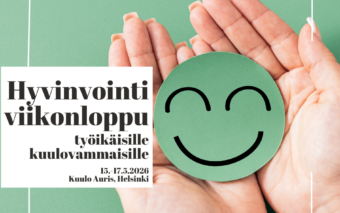 Kuvassa vihreä hymynaama ja teksti hyvinvointiviikonloppu työikäisille kuulovammaisille