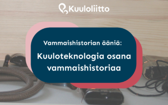Vanhoja apuvälineitä taustalla, tekstiruudussa webinaarin otsikko ja Kuuloliiton logo.